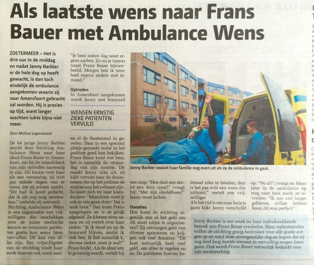 Laatste wens naar Frans Bauer met ambulance wens