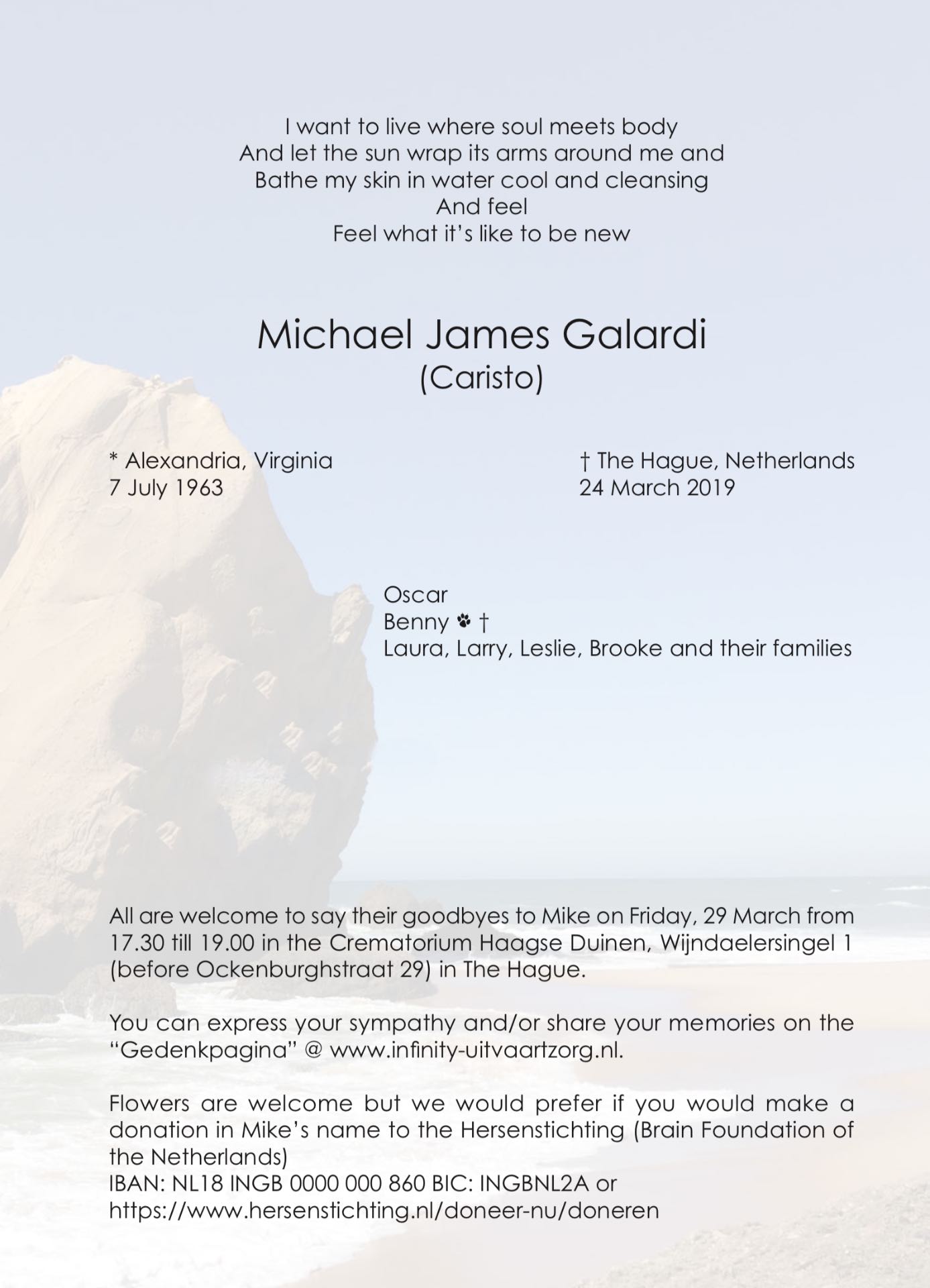 Overlijdensbericht van Michael James Galardi